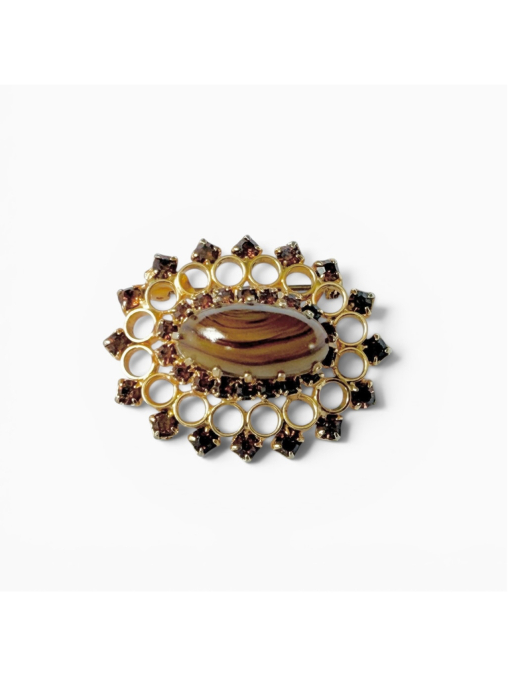 Vintage Brown Rhinestone Brooch Gold Tone Tiger Eye Cabochon Pin Retro Statement